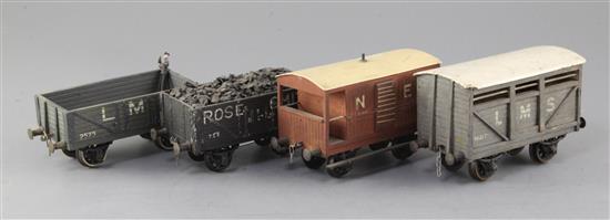 A NE guards van, no.25742, in brown, an LMS open wagon, no.46217, in grey, a Rose Smith open wagon,